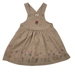 Carter’s Girls 4T Khaki Floral Embroidered Overall Jumper Dress 100% Cotton